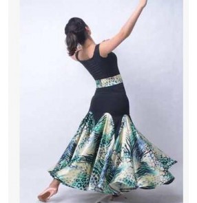 Green printed patchwork women's ladies female sleeveless competition professional  standard ballroom tango waltz flamenco dance dresses